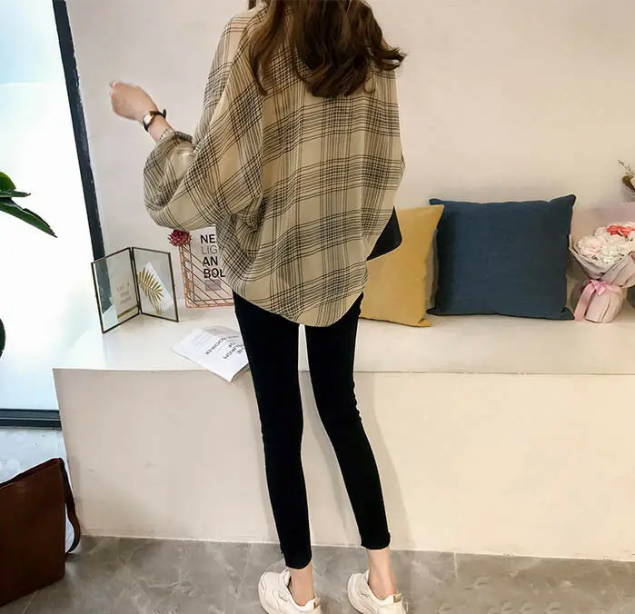 

Womens Blouse Fashion Summer Thin Long Sleeved Plaid Shirt Button Baggy T Shirt Ladies Check V-Neck Blouse Tops Plus Size M-4XL