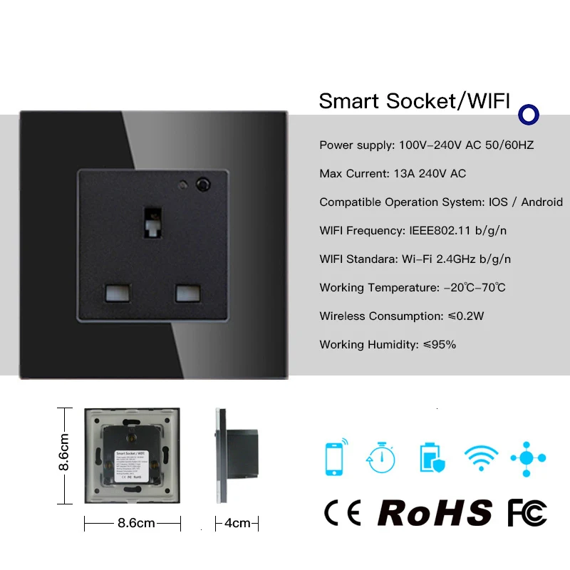 

UK WiFi Smart Wall Socket 13A Gold Outlet Glass Panel,Smart Life / Tuya APP Remote Control,Works with Alexa Google Home