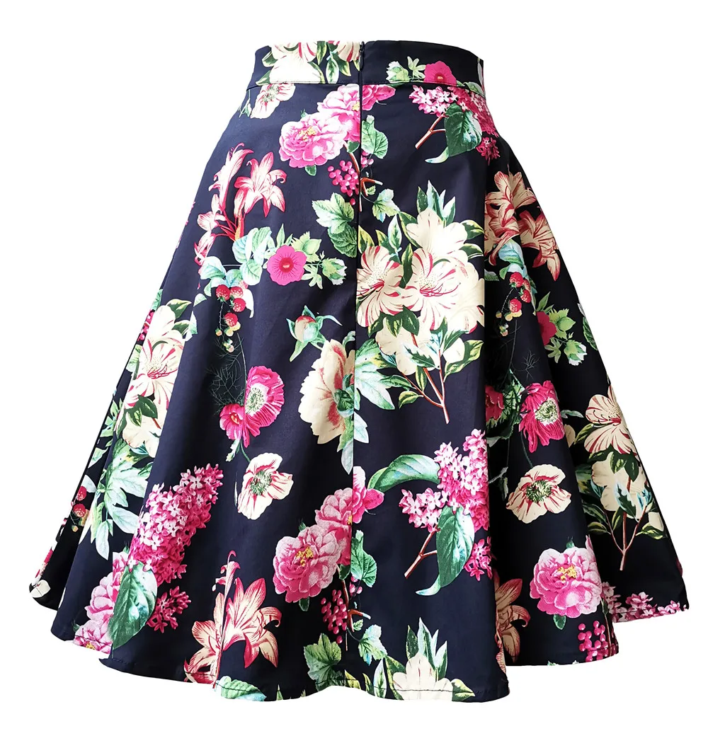 

Summer Women Skirt Floral Print 50s Rockabilly Swing Skirts Elegant High Waist Female Floral Casual Party Runway Midi Skirts