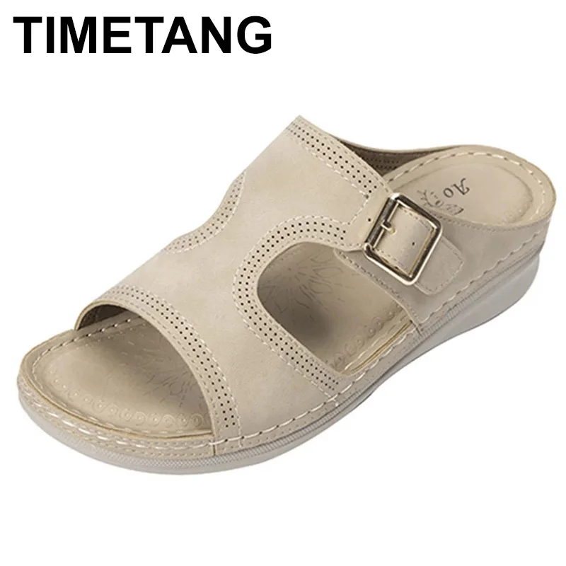 

TIMETANG Women Slippers Summer PU Solid Elegant Retro Buckle Sandals Outdoor Beach Slides Sewing Platform Wedges Female Ladies