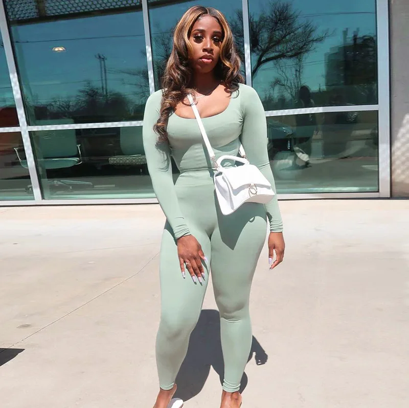 Fall Solid Concise Two Piece Set Women Skinny Bodycon-shaping Crew Neck Bodysuit+High Waist Slim Sporty Leggings Activewear