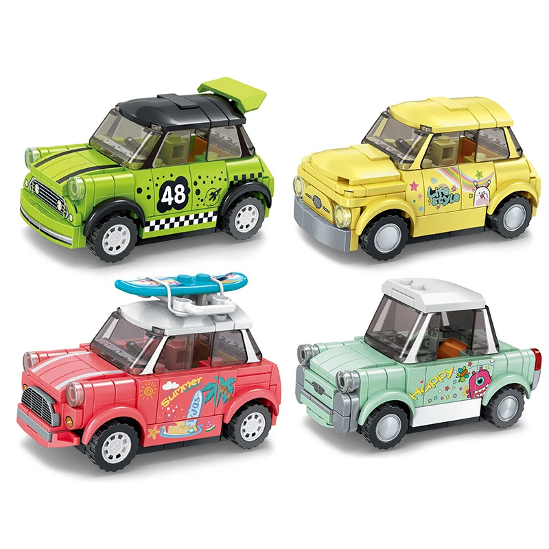 

4 in 1 Q version Mini racing technology machinery assembled model small grain blocks men and children's puzzle toys gift