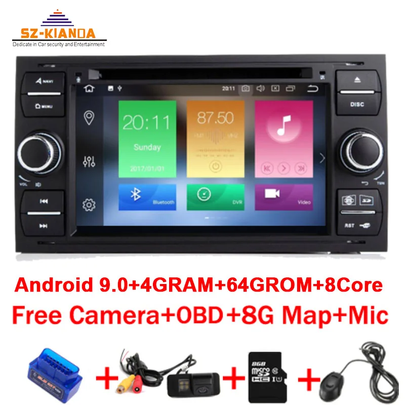 Автомобильный DVD плеер 4 Гб + 64 ГБ 8 ядер 7 дюймов 2din Android 9 0 для Ford Focus Kuga Transit Fusion GALAXY 4G