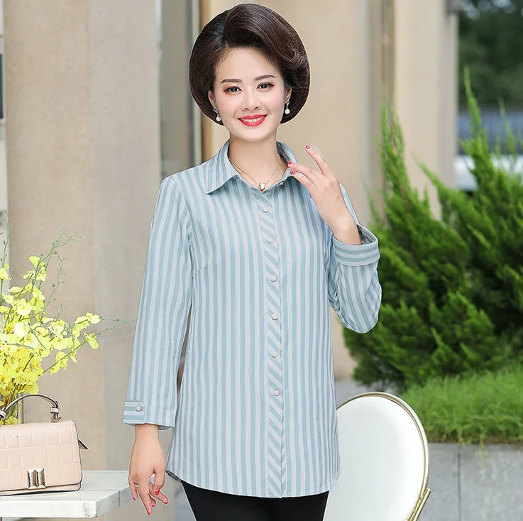 Long Sleeves Shirt Women 2021 New Spring Autumn Stripe Blouses Middle Age Mother Tops |
