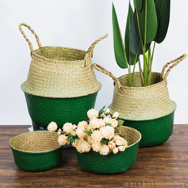 S/M/L/XL Seagrass Wickerwork Basket Rattan Hanging Flower Pot Dirty Laundry Storage Basket Folding Sundries Organizer Green