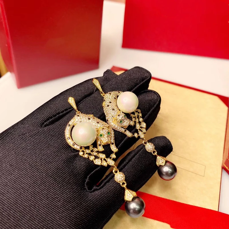 Леопардовые серьги подвески S925 с черным жемчугом циркониевые бусины ААА