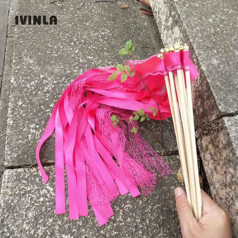 50pcs/lot fushia lace wedding wands with gold bell for wedding decoration images - 6