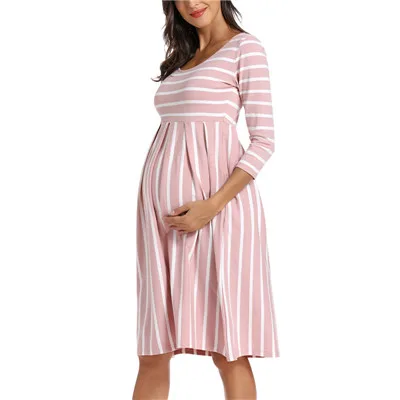 Женская полосатая одежда для беременных платье 3/4 рукав с рюшами Baby Shower Одежда