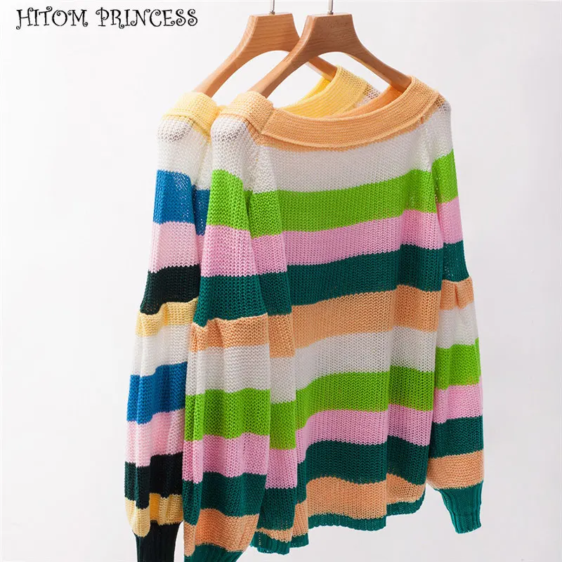 

HITOM PRINCESS Autumn Cold Shoulder Pullover Women Sweater Long Sleeve Striped Knitted Sweater Female Jumper Loose Tops
