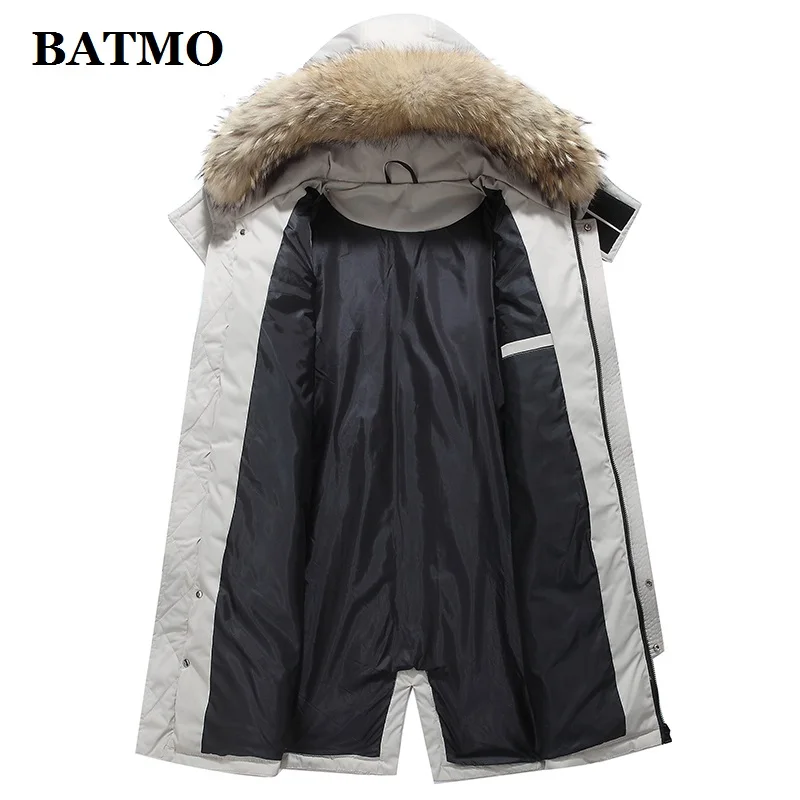 Мужская куртка на 90% белом утином пуху BATMO с капюшоном и воротником из меха енота