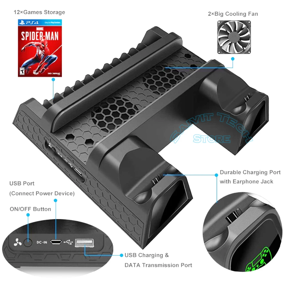 PS4/Slim/Pro Vertical Stand Cooling Fan Cooler&ampDual Controller Fast Charging Station&ampDisc Storage Holder for SONY P4/Slim/Pro |