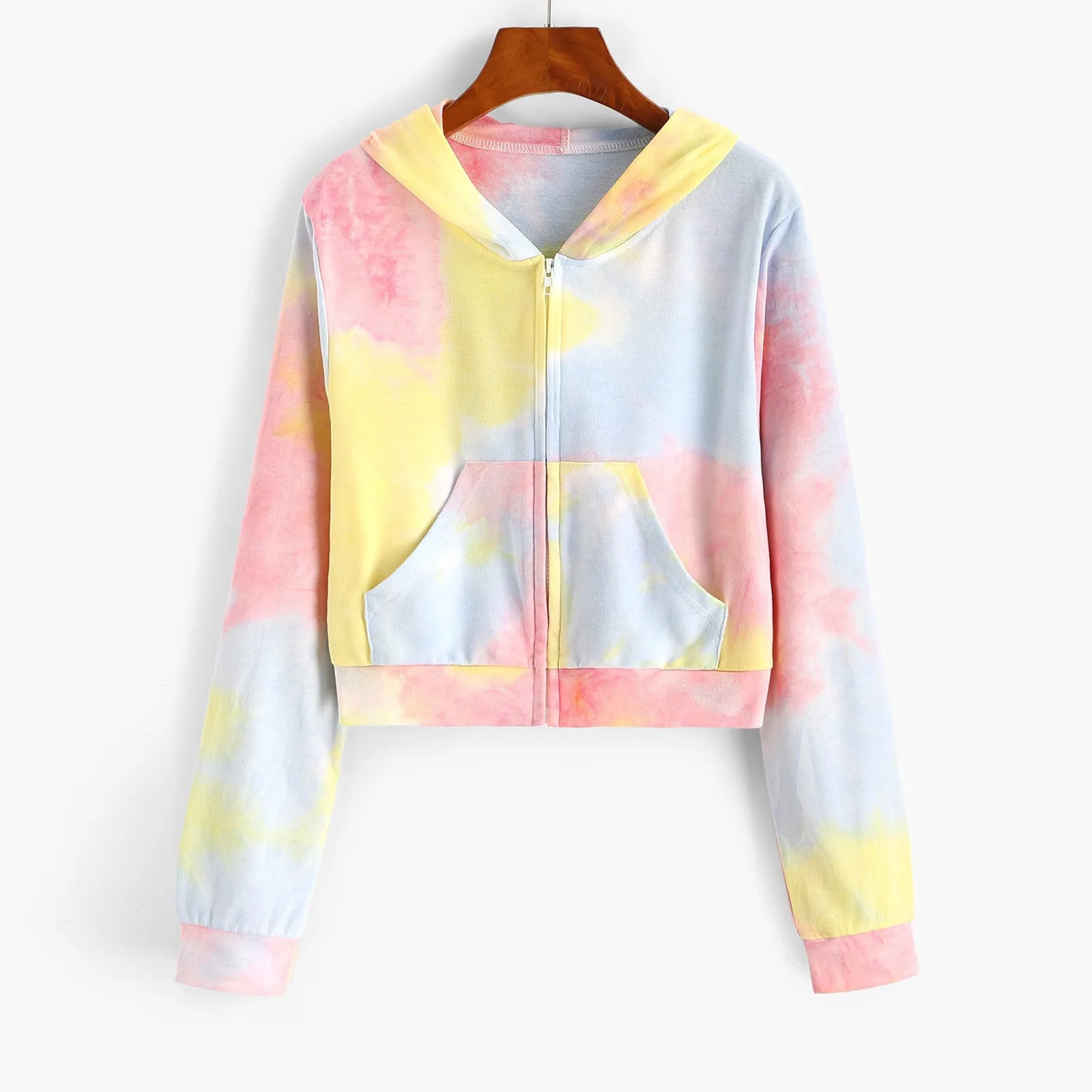57# Drawstring Tie Dye Print Hoodie Women Short Style Long Sleeve Zipper Hooded Sweatshirt Pocket Spring Autumn Female Tops