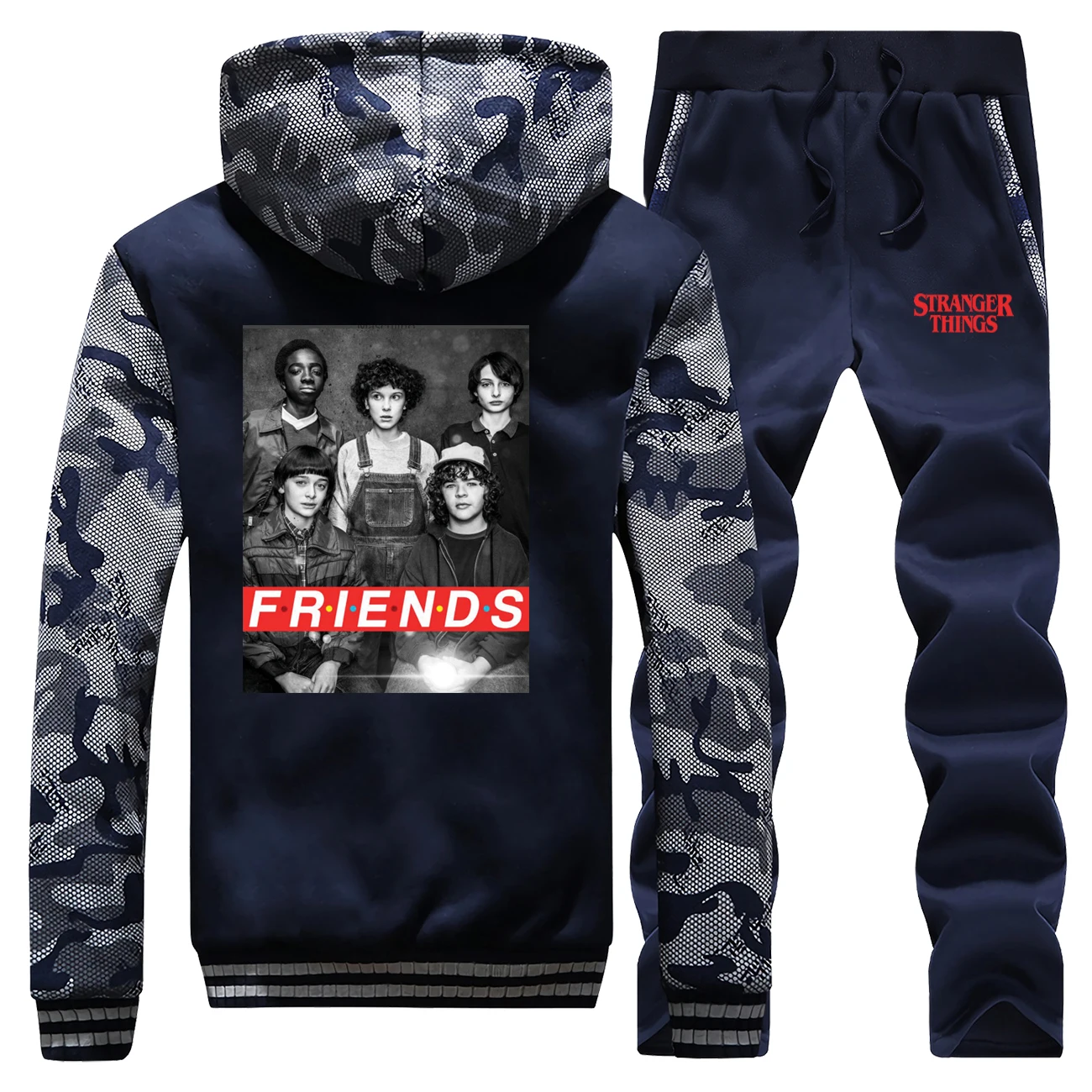 

2019 Hot Sale Winter Mens Hoodie Stranger Things Friends Vintage Print Coat Thick Camouflage Suit Sportswear+Pants 2 Piece Set
