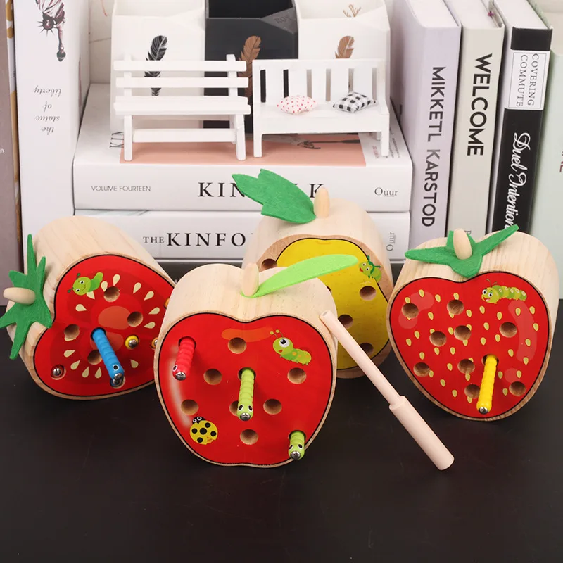 

Kids Wooden Catch Worms Game Toy New Fruit Shape with Magnetic Stick Creature Blocks Interactive Educational Gifts For Girls Boy