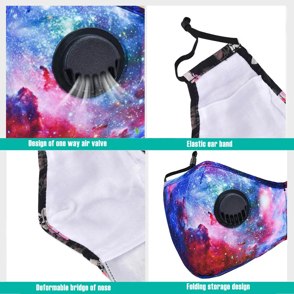 

Unisex Masks Outdoor Washable Reusable Mask Tie-dye Printed pattern Face Masks Mouth Mask 3PCs with 3 Filters Breathing valve