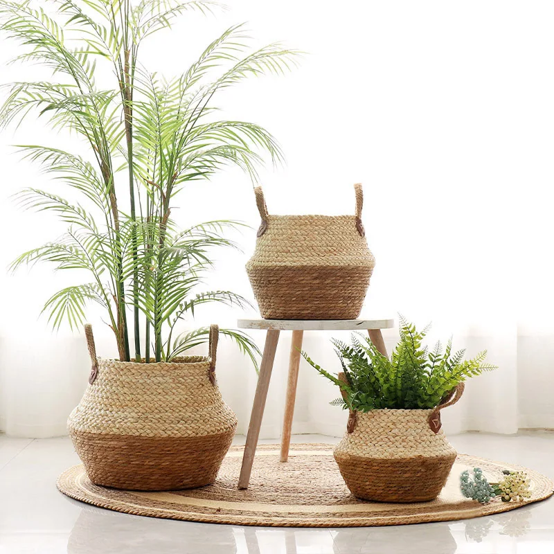 

Woven Storage Basket Folding Straw Wicker Laundry Baskets Decorative Home Organizer For Toy Holder Plant Basket With Handle
