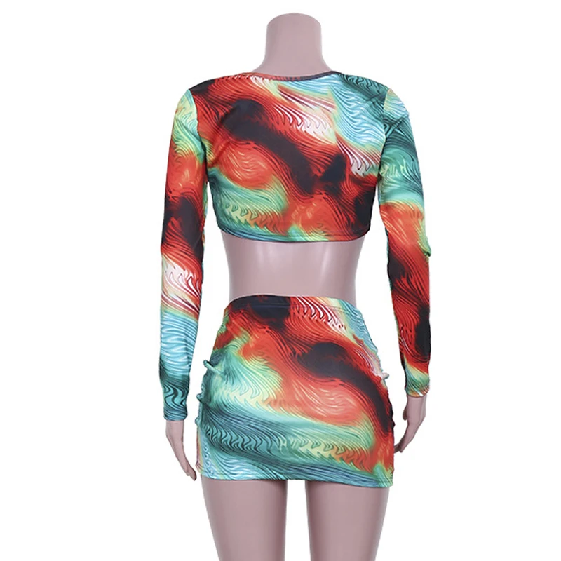 

Women casual 2 piece sets Summer printed long sleeve lace-up top+pleated drawstring skirt two piece set matching sets