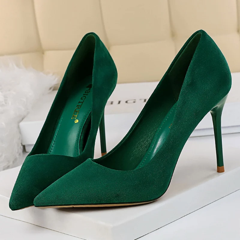 

2021 Women 9cm High Heels Red Pumps Plus Size Stripper Suede Escarpins Lady Wedding Bridal Heels Scarpins Green Blue Prom Shoes