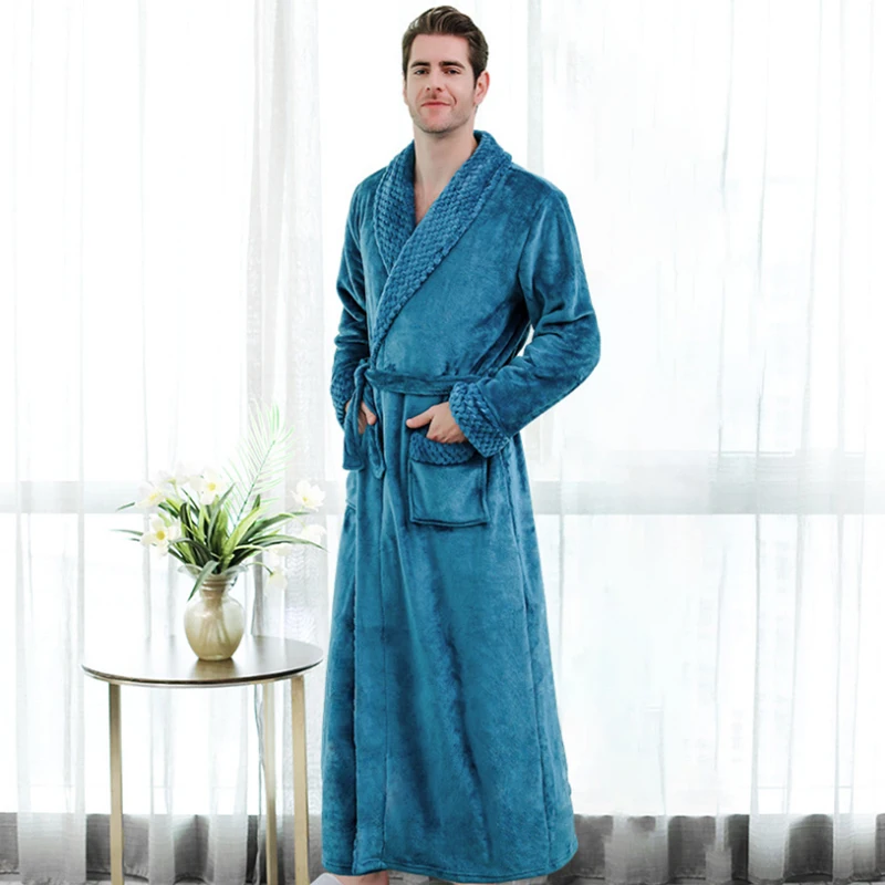AIPEACEMen Casual Kimono Bathrobe Autumn Winter Flannel Long Robe Thick Warm Sleepwear Plus Size Nightgown Male Home Wear | Мужская