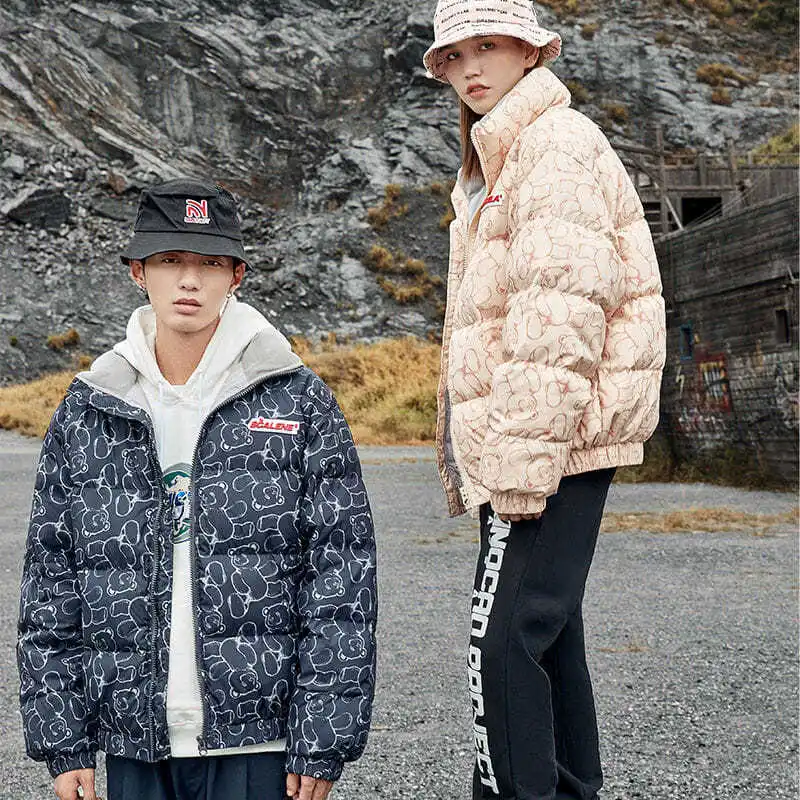 

Short Stand-Up Collar White Duck Down Jacket For Men And Women 2021 New Bear Full Print Winter Couple Thick Coat