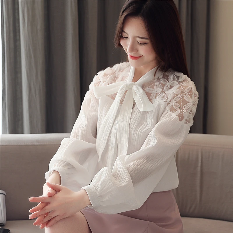 Корейская мода кружева шифон женская блузка Осень Розовый женские рубашки плюс