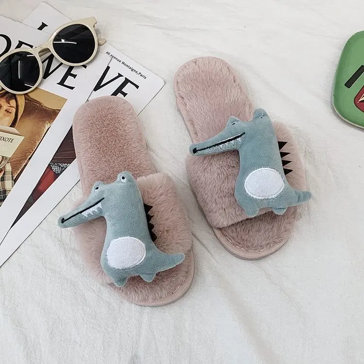 Autumn and Winter New Style Cotton Slippers Ladies Dinosaur Slippers Household Slippers Flat Slippers Women Furry Slippers Women