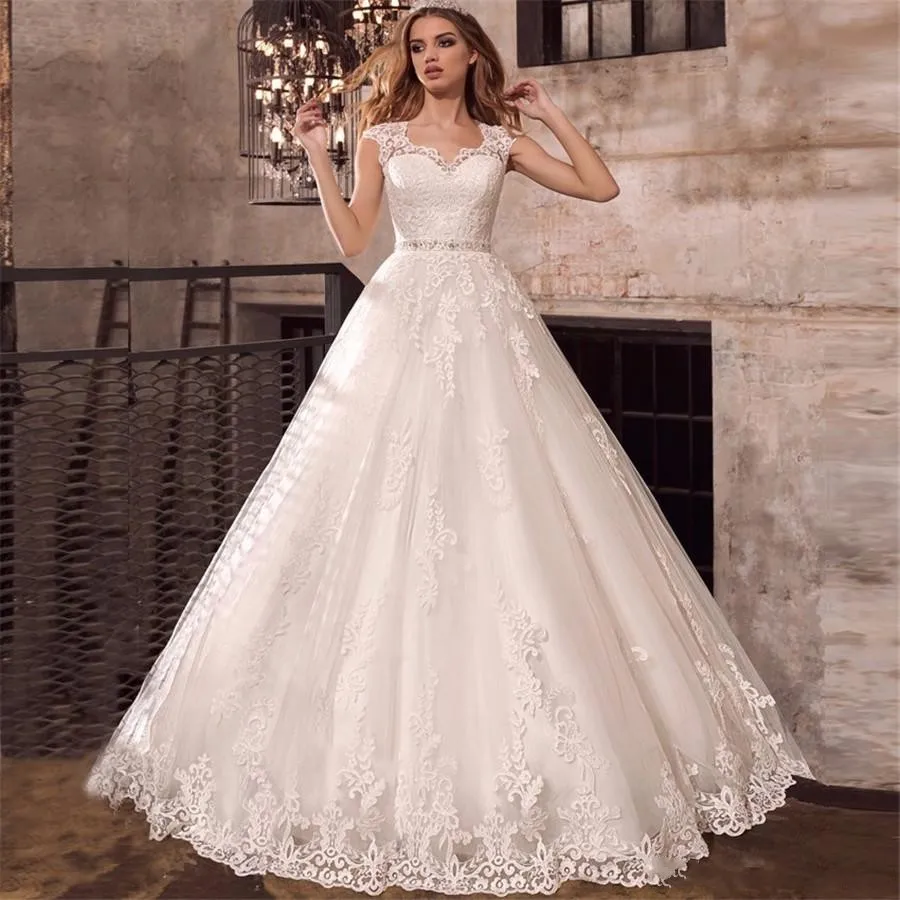 

Cap Sleeves Beaded Sash Weddding Dress Vestidos Beading Sash Illusion Back Wedding Gowns De Noiva Applique