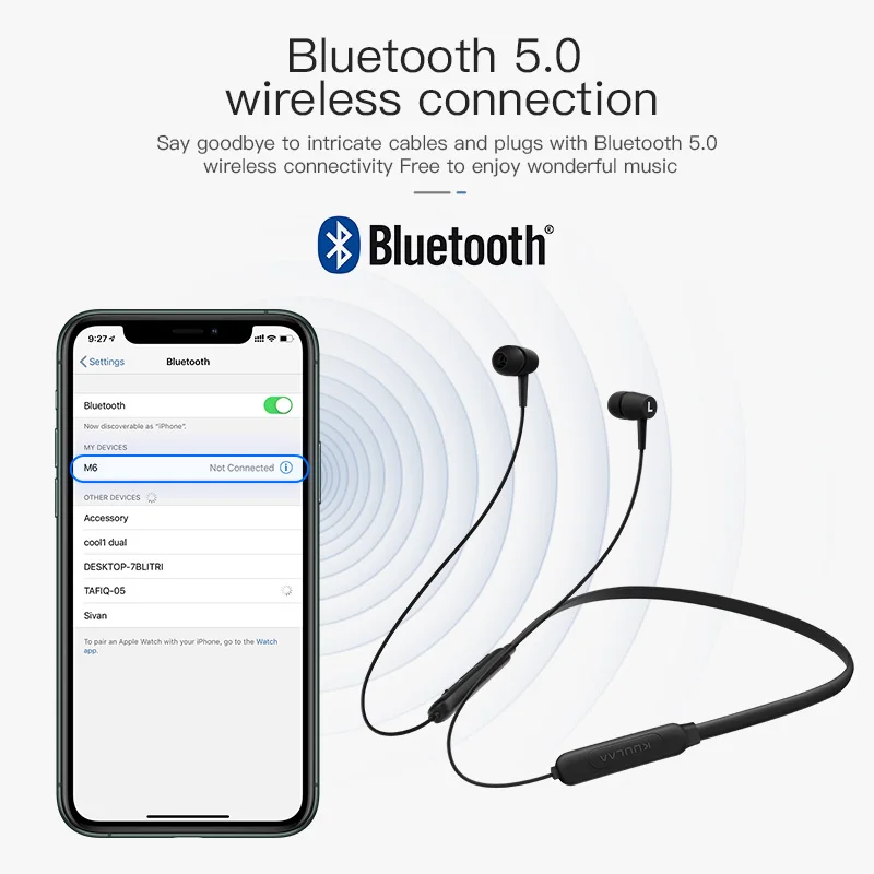 KUULAA Bluetooth наушники беспроводные в ухо Шейная Спортивная гарнитура свободные 5 0