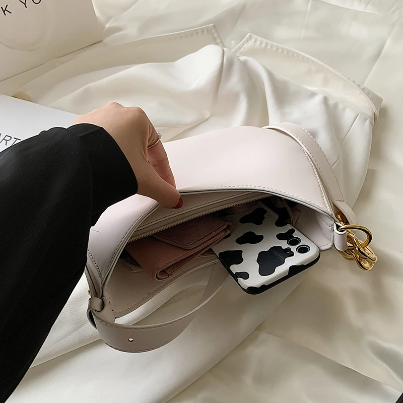 

Fashion Half Moon Shoulder Bag Leather Chain Bags for Women 2021 Purses and Handbags Luxury Designer Brand Cute Sac A Main New