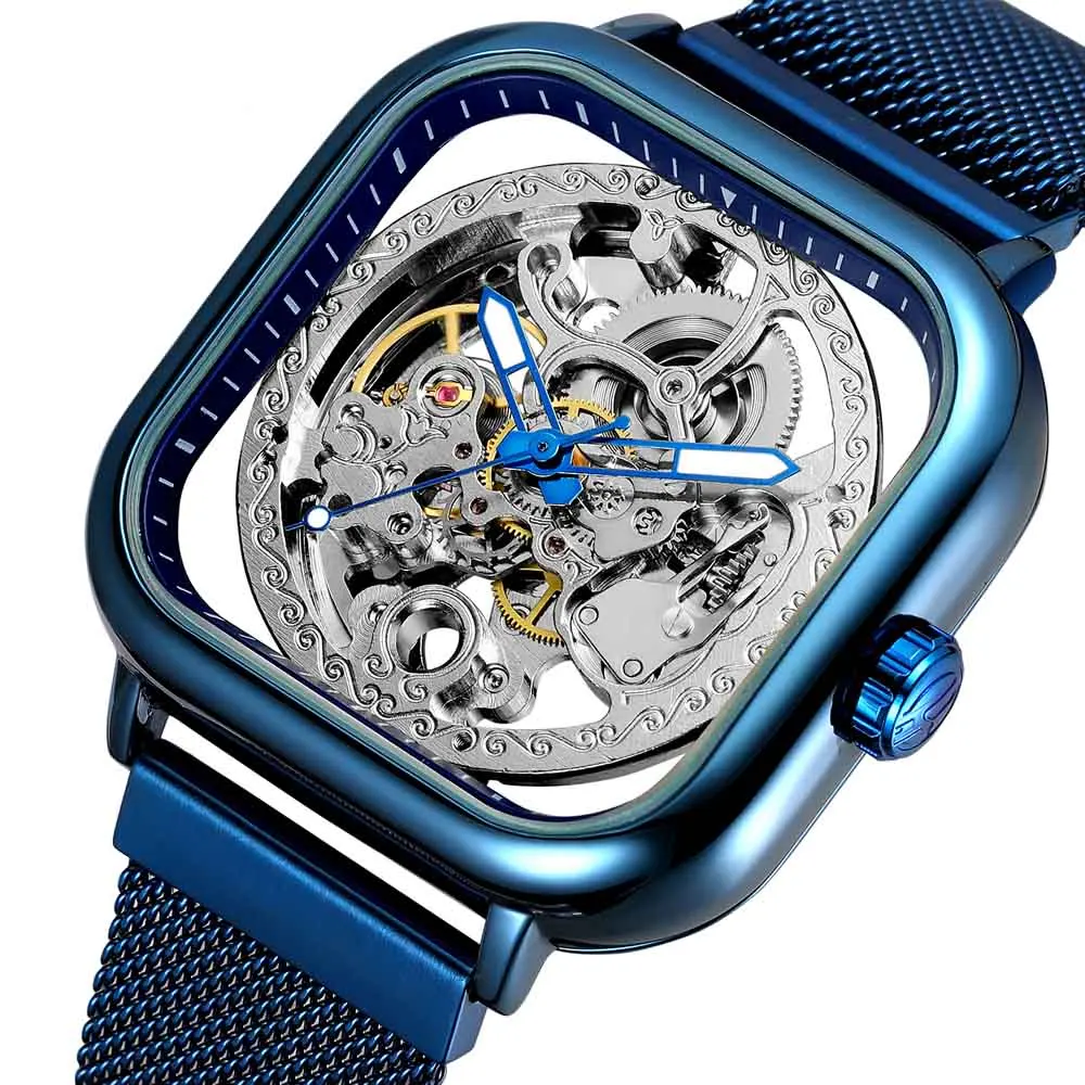 blue silver Прозрачные автоматические механические часы мужские стимпанк Скелет Роскошные сетчатые золотые часы из нержавеющей стали мужские часы montre homme - Цвет: blue silver