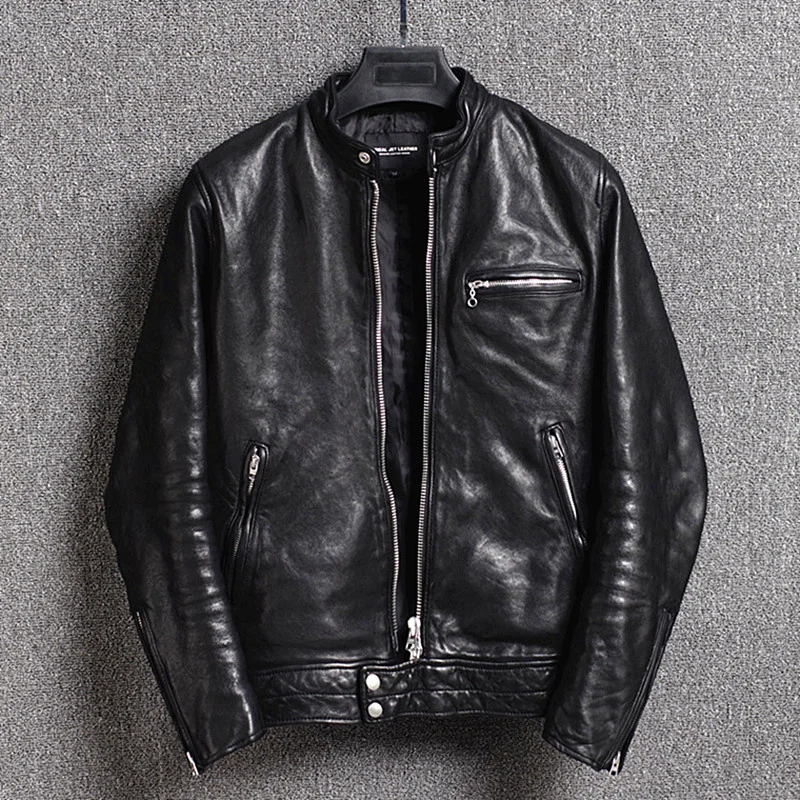 

italy Men's sheepskin vintage genuine leather jacket japanese fashion slim fit motorcycle jacket Wrinkle biker leather coat male