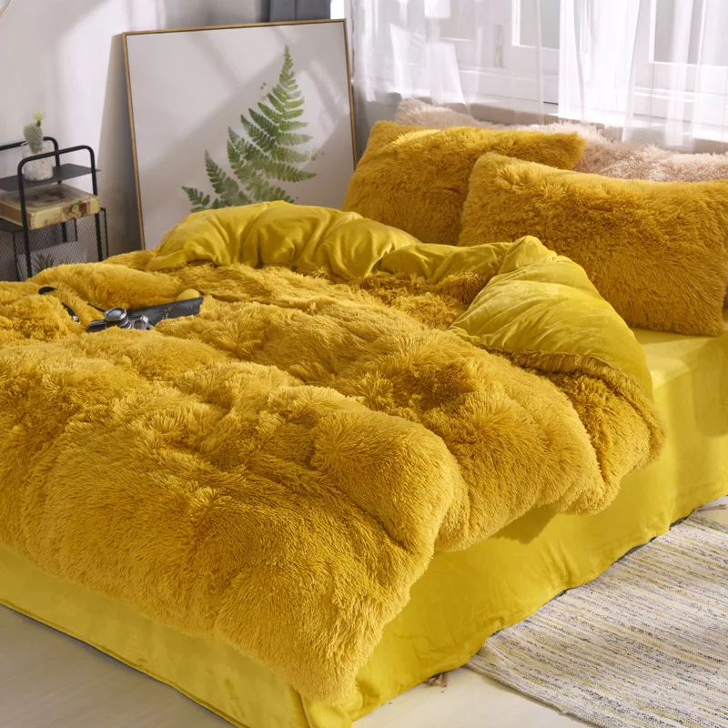 yellow Новые длинные волосы флисовый комплект постельного белья 5 шт./компл.(пододеяльник+ простынь+ 2 наволочки+ 1 подушка) фланелевые зимние теплые Комплект постельного белья - Цвет: yellow
