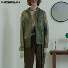 Мужская обувь для отдыха из сетчатого материала с длинным рукавом рубашки мужская повседневная c воротником Тонкая Блузка уличная INCERUN Модные прозрачные туфли на высоком каблуке Кнопка Camisa S-5XL