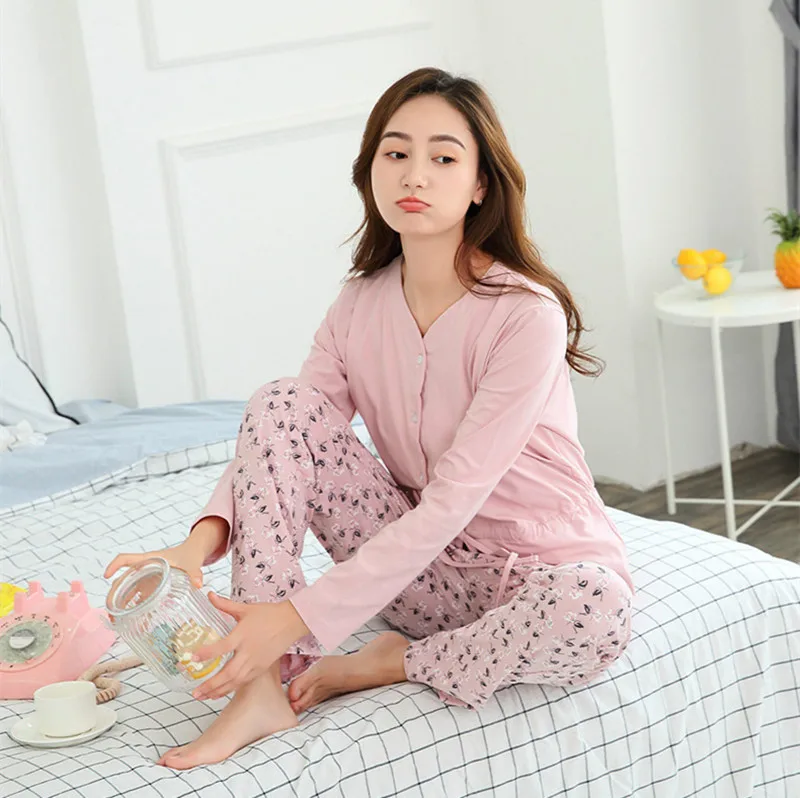 Fdfklak Spring Autumn Cotton Maternity Sleep Pregnancy Pajama Shirts For Feeding Pink Nursing Pajama Long Sleeve Sleepwear enlarge