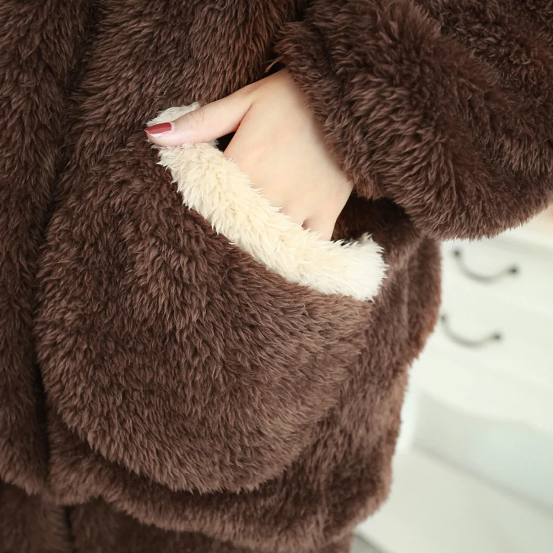Autumn And Winter Long Sleeve Plush Black Bear Hooded Pajamas Winter Cashmere Women's Thickened Home Clothes Flannel Suit