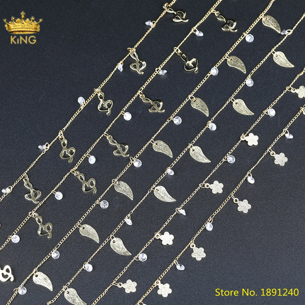 

5Meters Sale,6mm Musical Note Wings Leaf-Shape Copper Chains,Cubic Zirconia Beads Gold Chains DIY Choker Making HX-LT-256KBAH