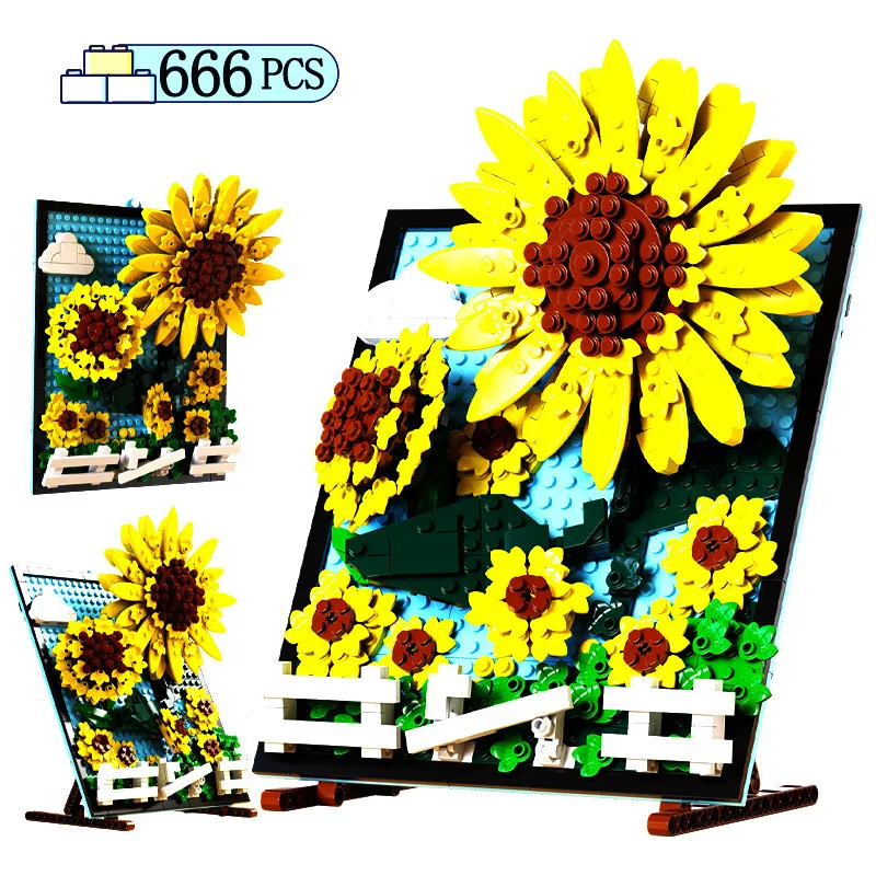 

666pcs City Art Sunflower Plant Bouquet Building Blocks Mosaic Painting Photo Home Decoration Friends Bricks Toys For Kids Gifts