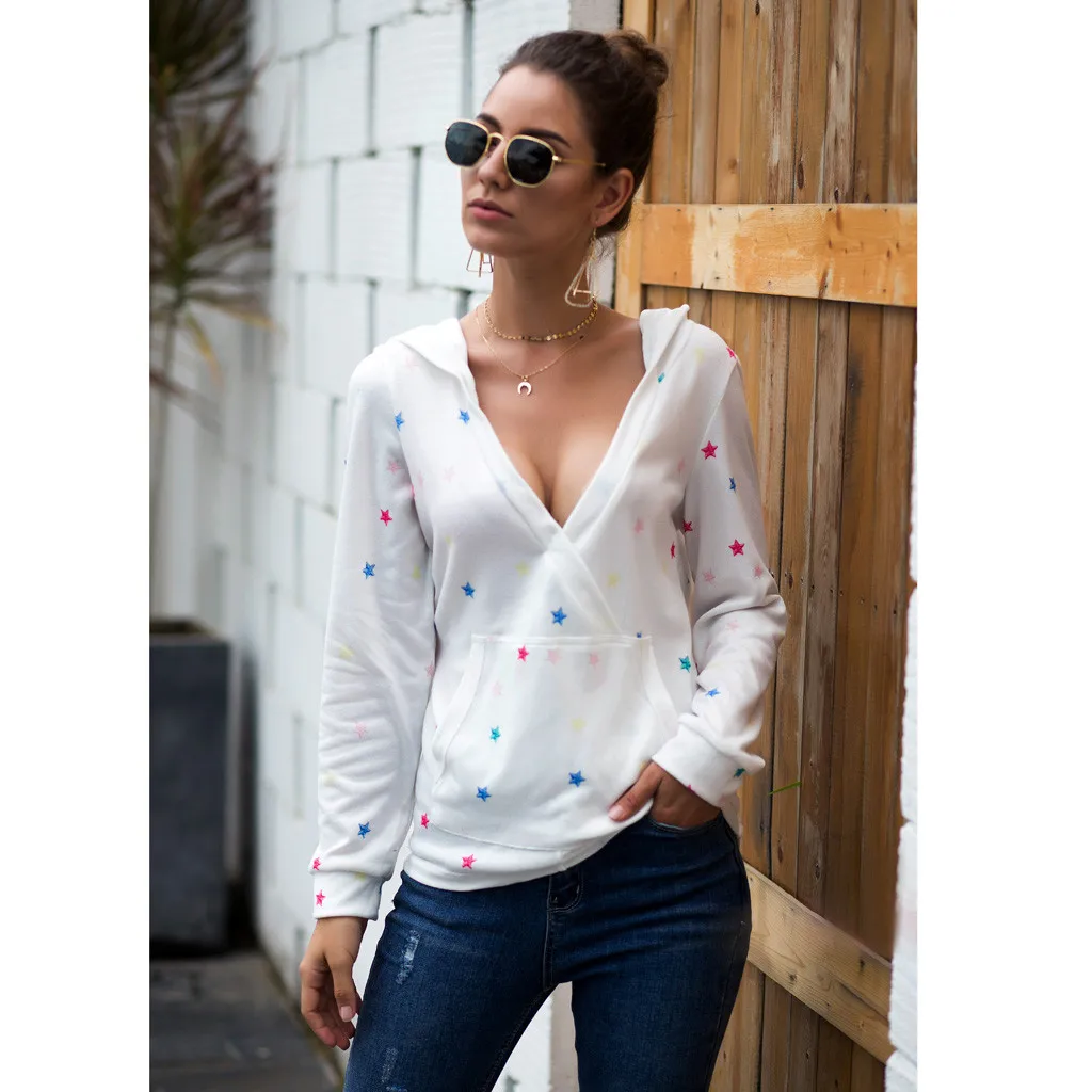 

Fashion Women Female Star V-Neck Print Pocket Long Sleeve Sweatshirt Tracksuit Sweat Coat Casual Sportswear Clothes Moletom *B