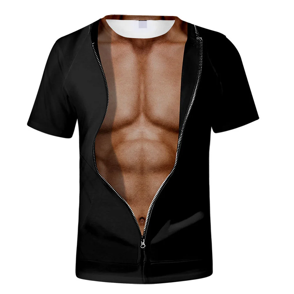 

Muscle T-shirt summer hot sale men's short-sleeved 3D printed bodybuilding tattoo shirt naked skin chest muscle top clothes