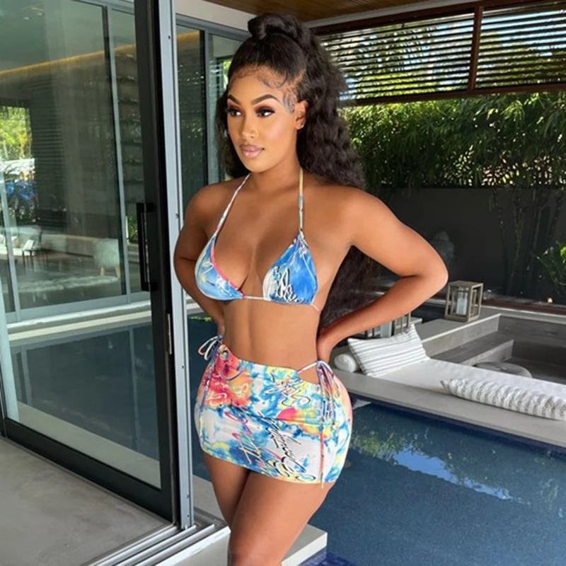 

Summer Beach Sexy Bikini 2 Piece Set Women Clothes Halter Bikini Top and Mini Skirt Set Swimwear Cut Out Bodycon Skirts Sets