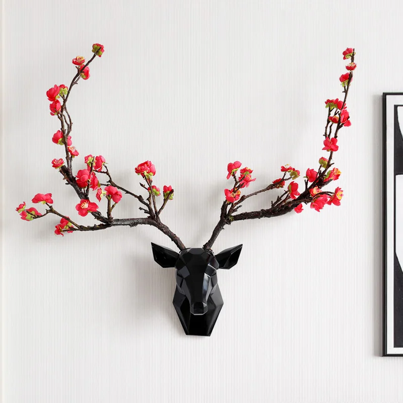 Resin 3d Deer Hear With Flower Horn Wall Decor Modern Animal Head Livingroom Corridor Decorations Abstract Sculpture Wall Statue