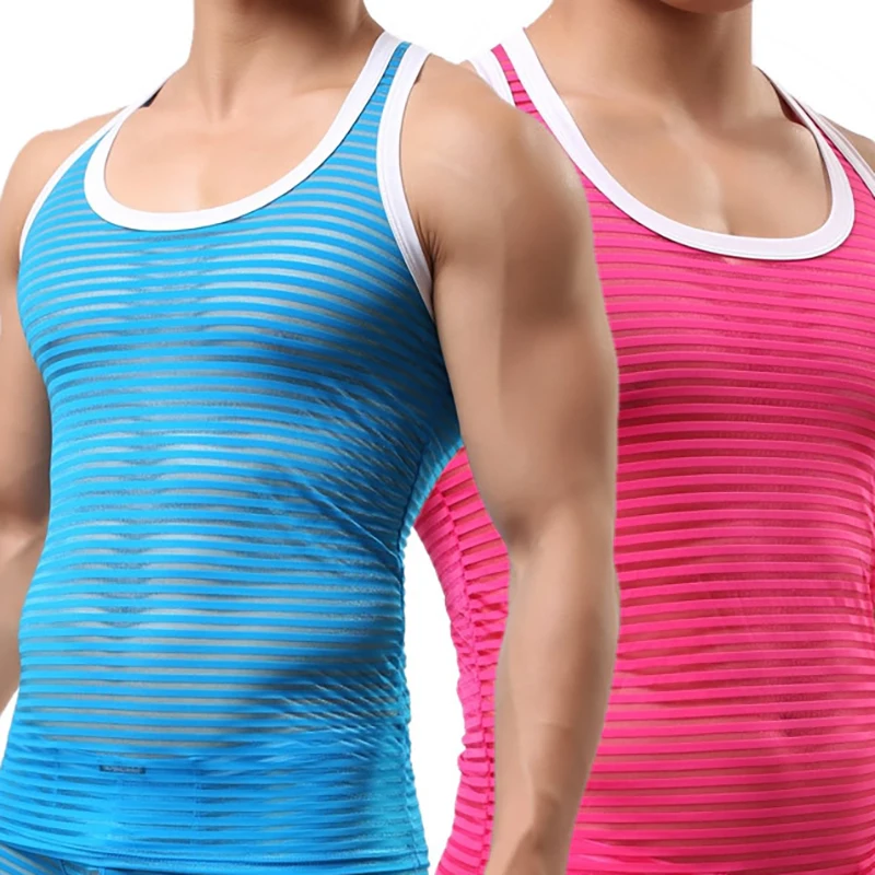 Мужская сетчатая майка AIIOU черная дышащая в полоску Прозрачное нижнее белье