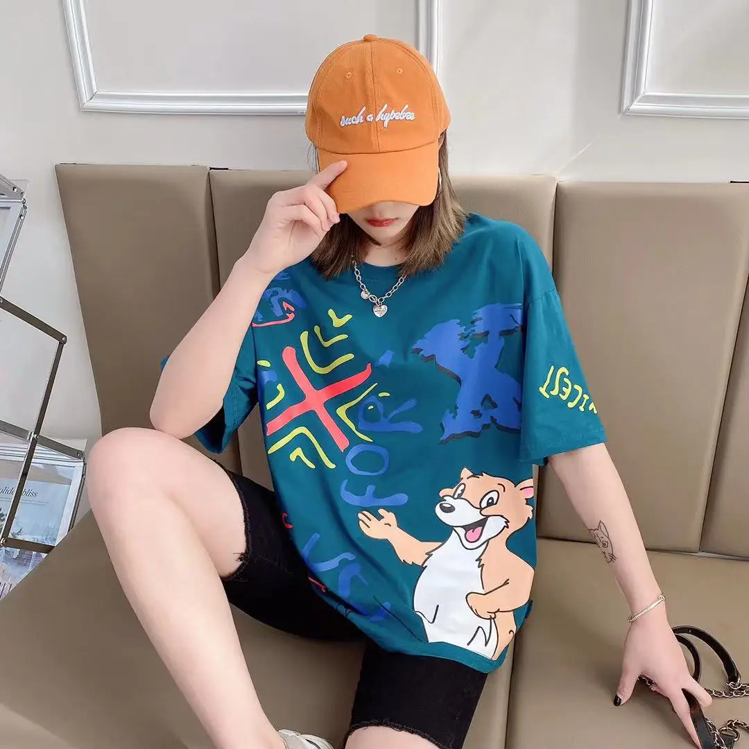 

Large Size Women Summer Short Sleeve Cotton Tees Hand Painted Graphic Crewneck Casual Tees Cute Oversized Tops