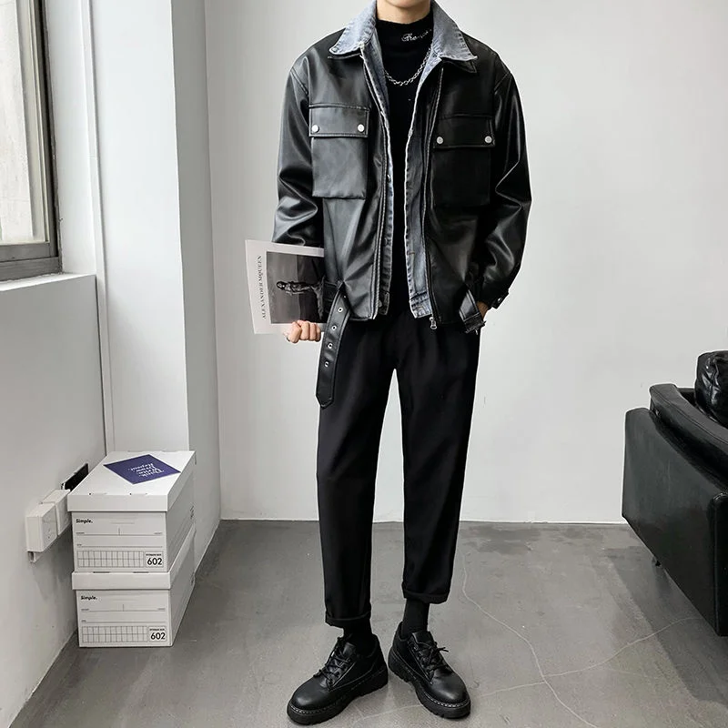 

Fake Two Pieces Denim PU Leather Jacket Solid Big Pocket Outer Wear Motorcycle Coat Thick Warm Windproof Winter Men's Clothes