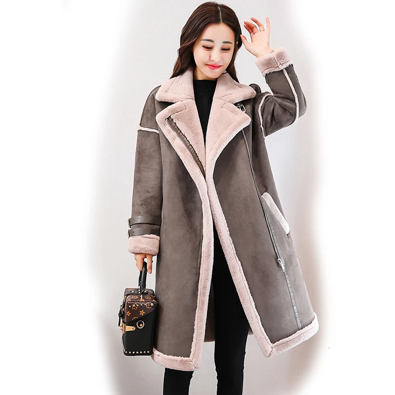grey coat Зимняя длинная замшевая кожаная женская куртка, большие размеры, Женская коричневая замшевая куртка с искусственным мехом, Женская куртка, большая женская ветровка - Цвет: grey coat