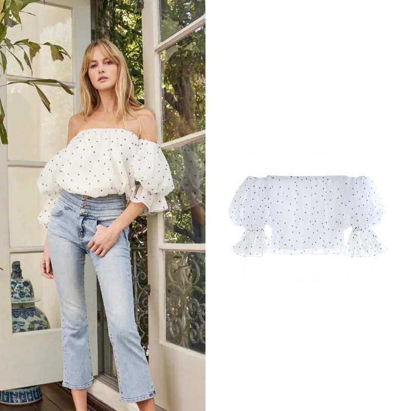 

Shuying same [Jiang style] 2021 summer new point one shoulder shirt blouse with bubble sleeve off shoulder super fairy blouse