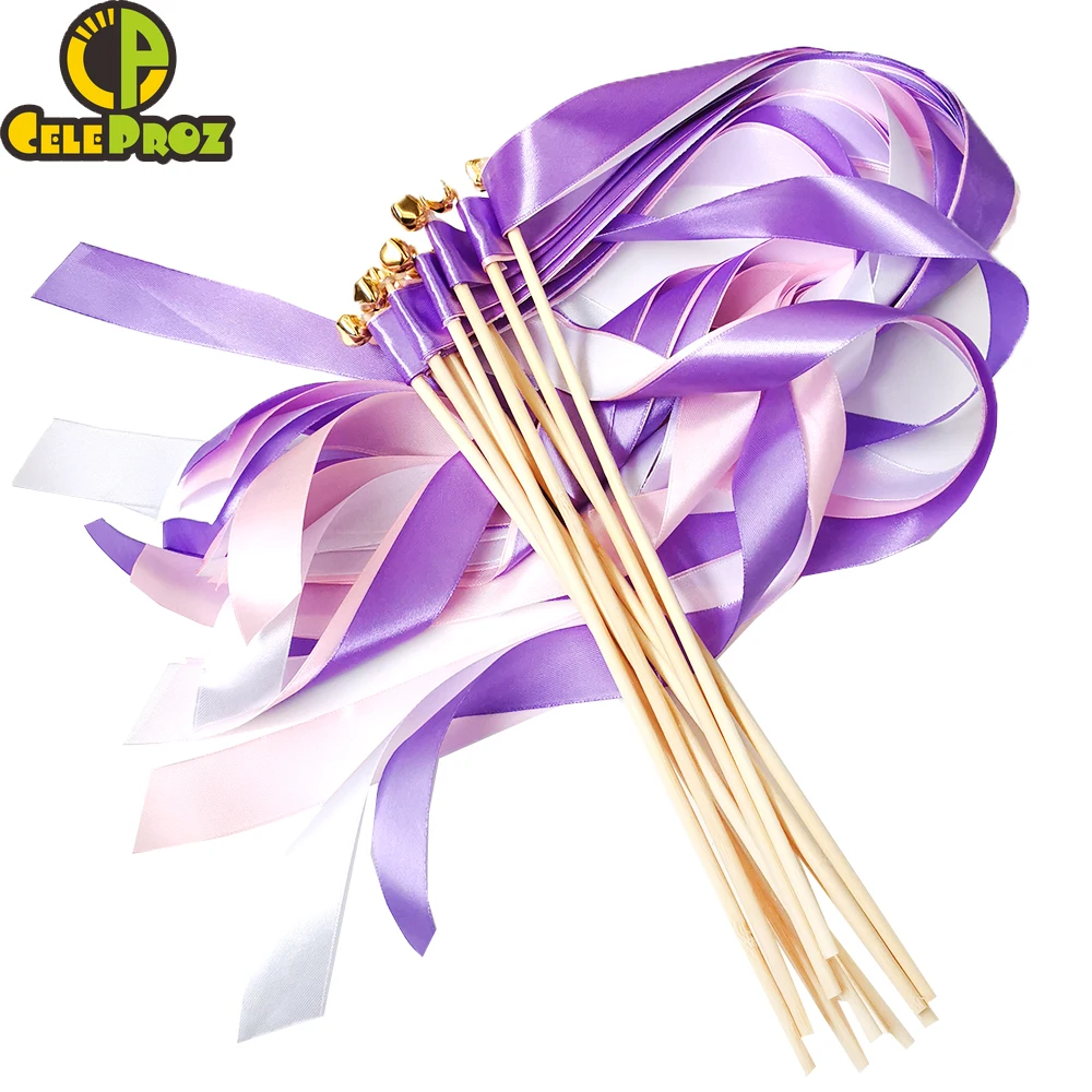 

50Pcs Ribbon Wands Lilac Pink Twirling Streamers Wedding Delicate Ribbon Fairy Stick Cheer Props Party Supply Favors With Bells