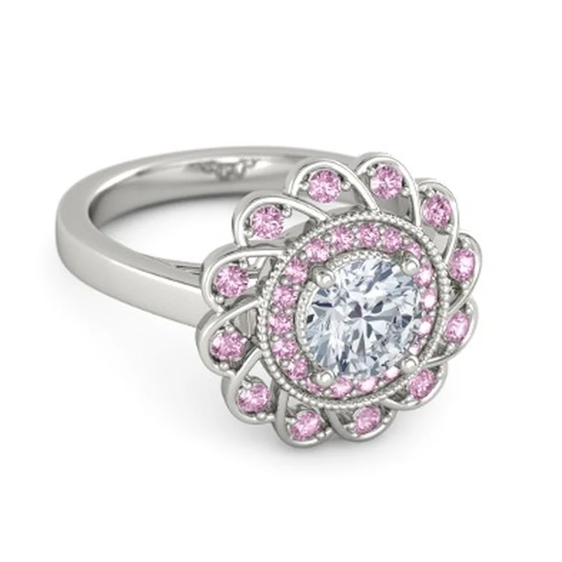 

New fashion luxury pink zircon flower ring romantic women's jewelry banquet wedding accessories charm Valentine's Day gift