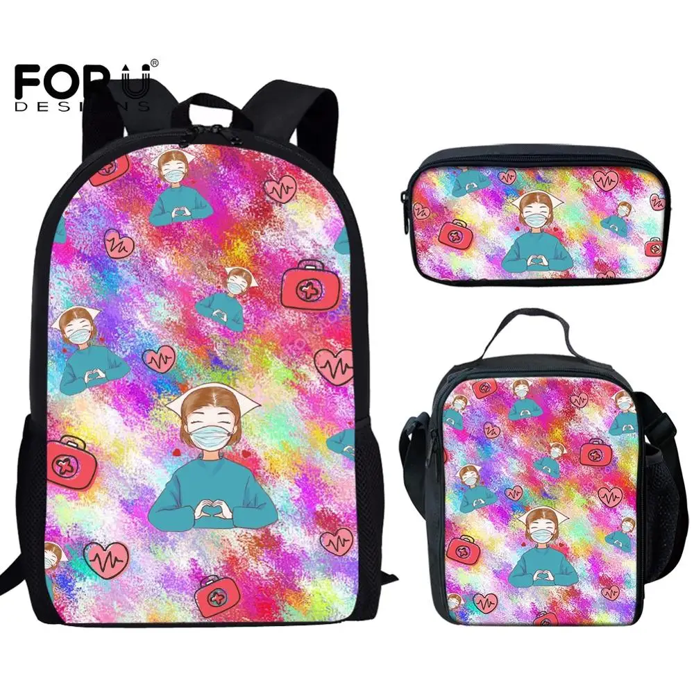 

FORUDESIGNS 3Pcs Cute Girls Rainbow Colorful Sweet Nurse Print Kids Lunch Bag Pencil Case Value Price