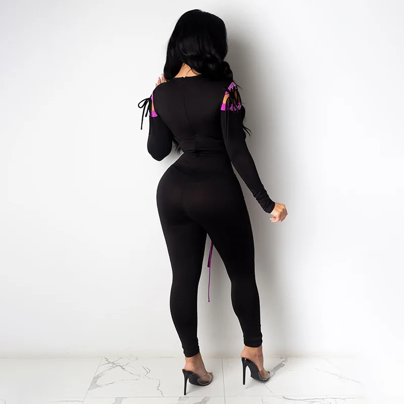 

Solid Color Criss-Cross Drawstring Lace Up Patchwork Long Sleeves New Arrival Autumn Women Jumpsuit Hot Slim Skinny Rompers